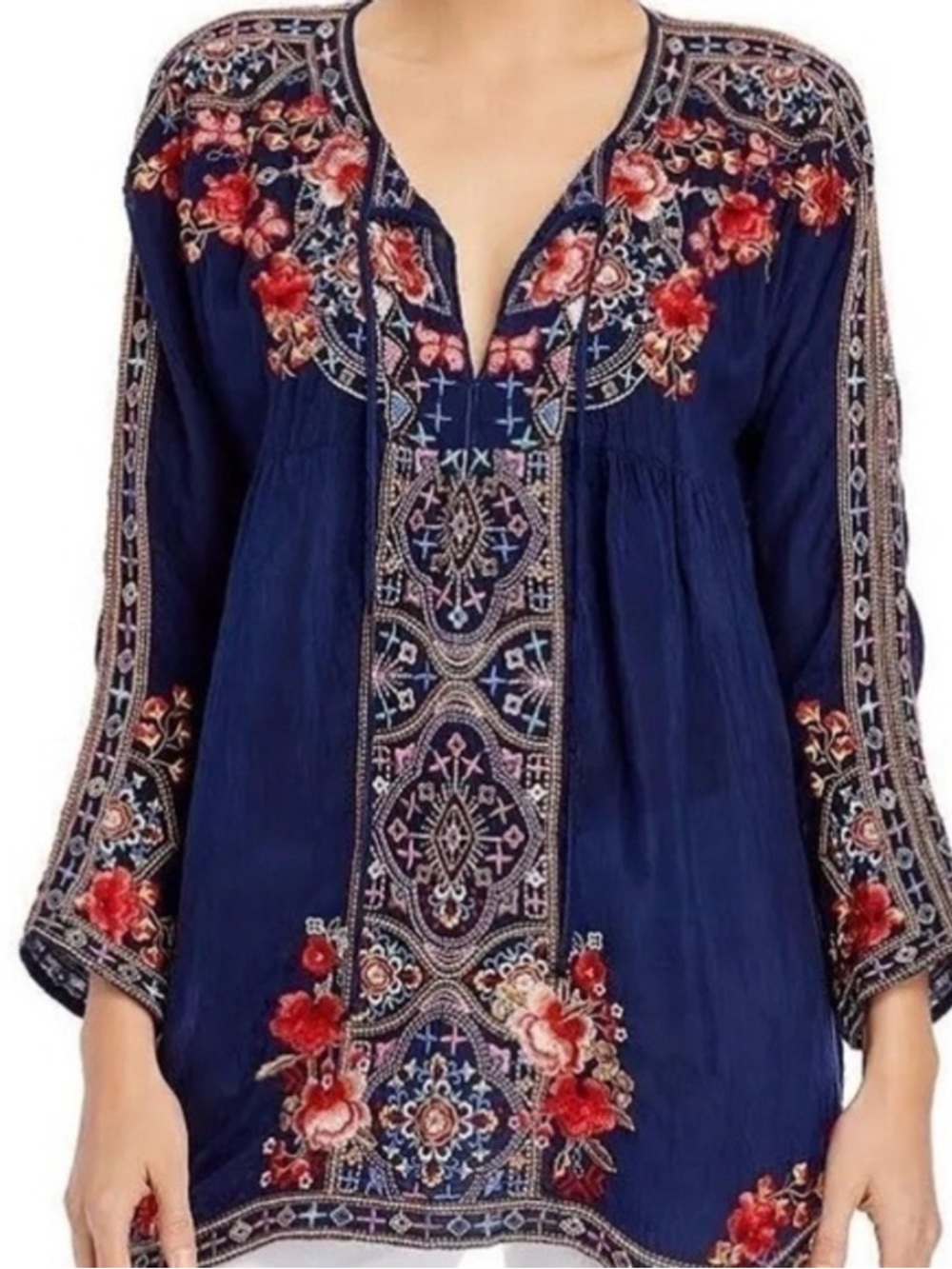 NWOT Oversized Johnny Was Navy Tunic with Red & Pink Floral Embroidery